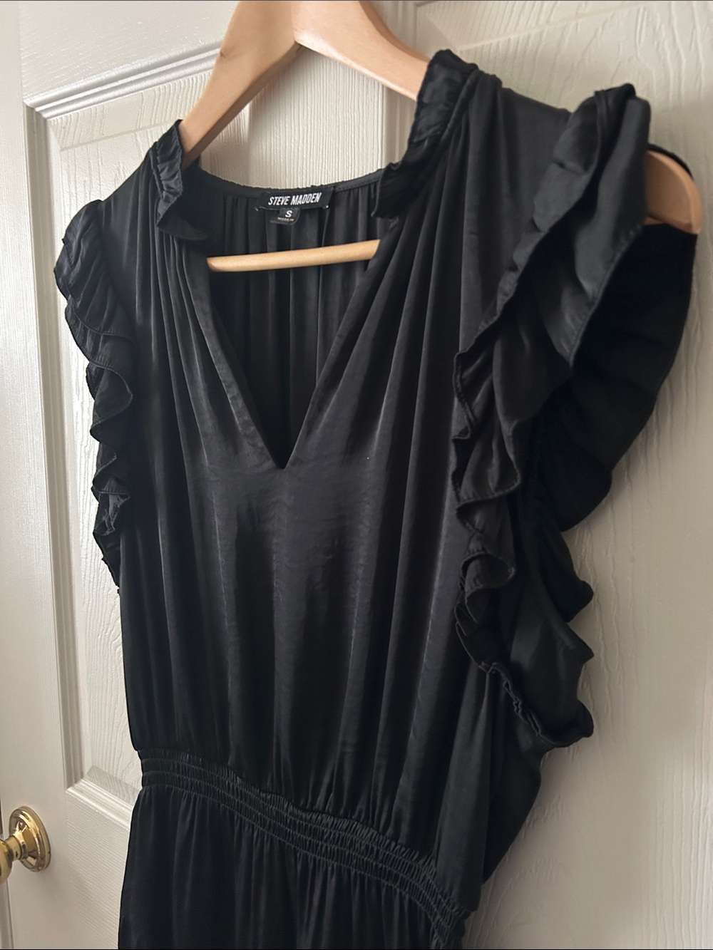 Steve Madden Prairie Dreams Satin V-Neck Ruffle Cap Sleeve Mini Dress Sz S - Picture 10 of 12